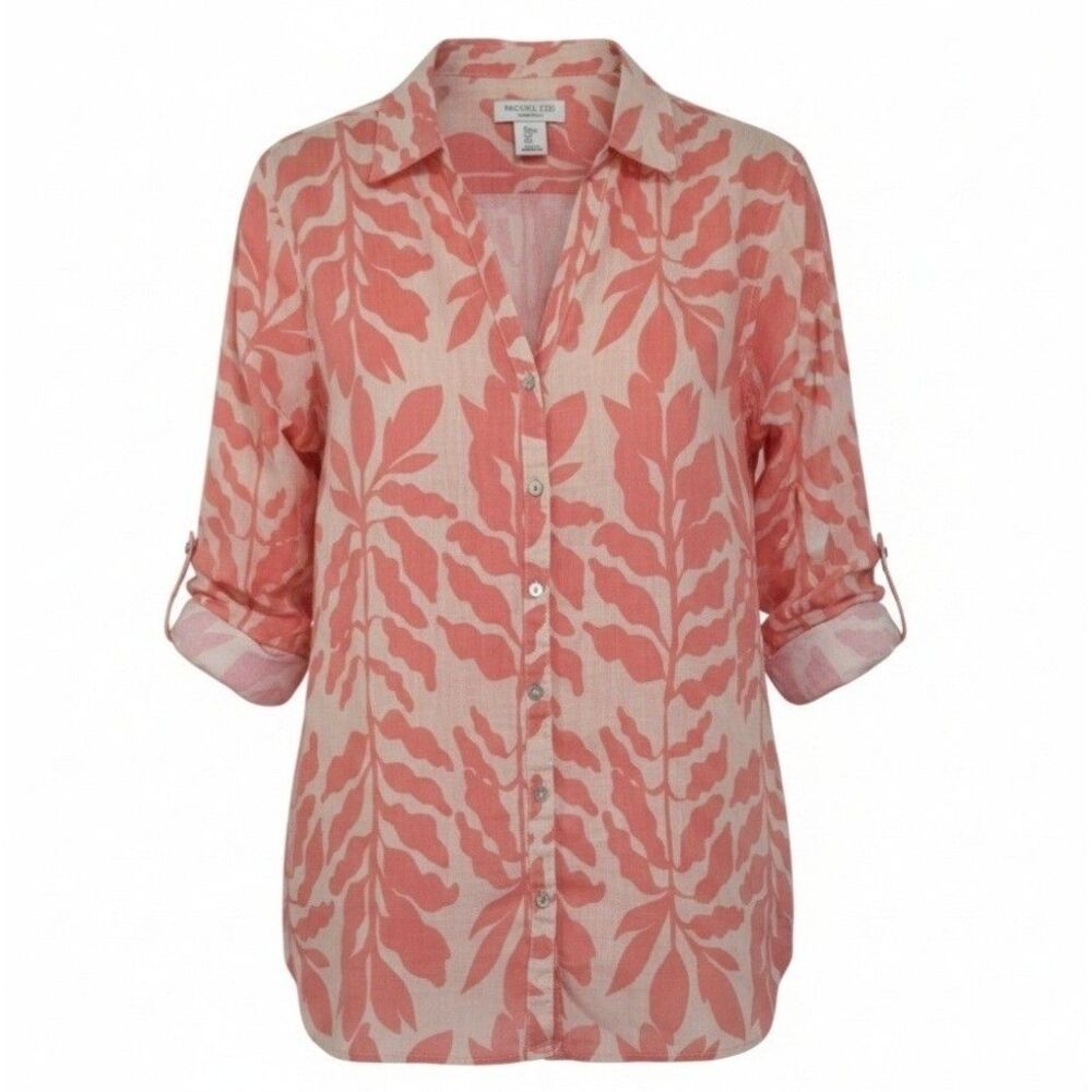 Rachel Zoe‎ Women's Large Linen Blouse Button Down Top Shirt Coral Tropical Leaf